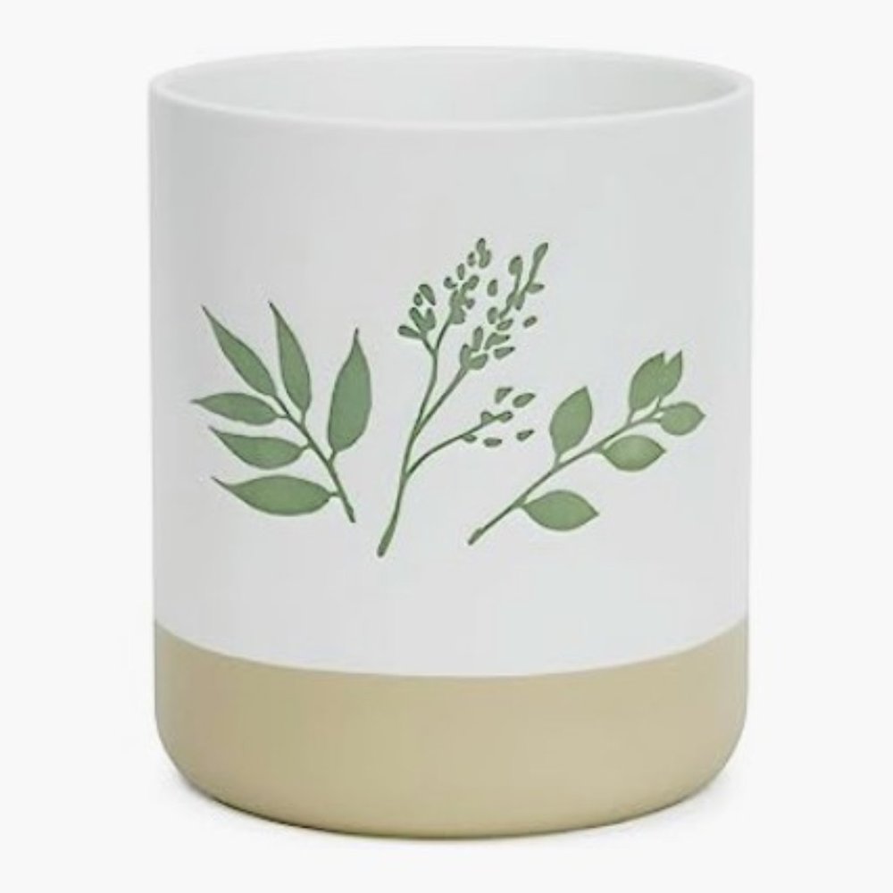 6.1" - Ceramic Kitchen Utensil Holder - Vase w/ Leaf Pattern - Farmhouse Crock